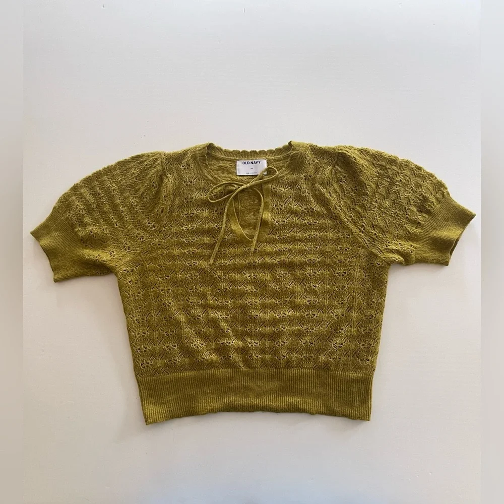 Puff-Sleeve Tie-Neck Pointelle Sweater Open Knit XS